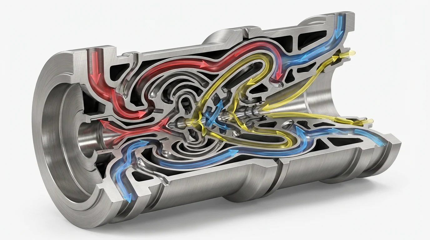 3D-печатный титан: Промышленное руководство по процессу, затратам и применению 4 Поперечное сечение 3D-печатной титановой ракетной форсунки с внутренними каналами охлаждения, разработанной искусственным интеллектом.