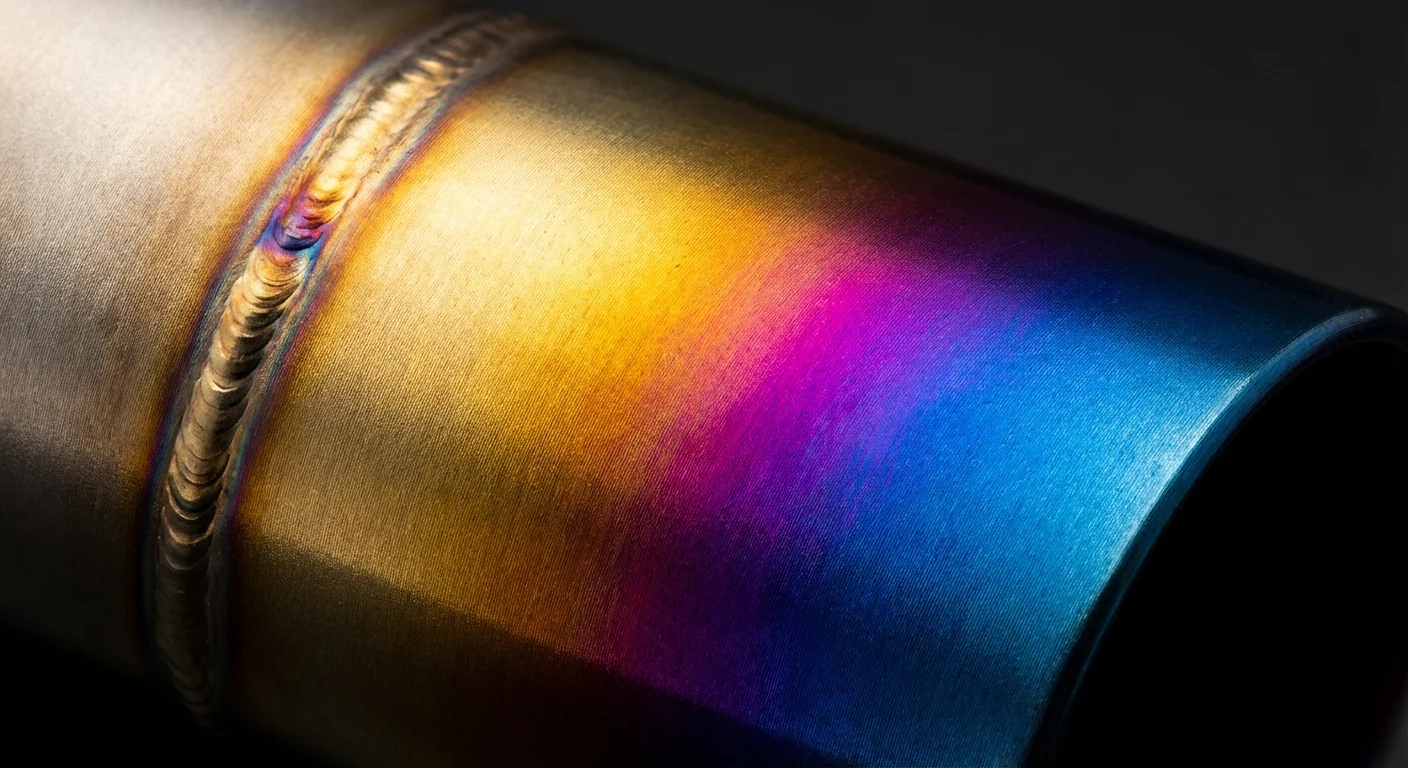 Burnt Titanium 101: Everything You Need to Know (Benefits, Types & Myths) 1 Macro shot of burnt titanium exhaust tip showing blue purple gold gradient finish