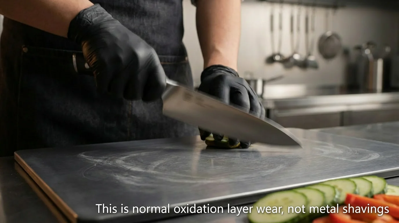 Titanium Cutting Board Review: The Honest Truth & Pros Cons 4 Chef slicing vegetables on a titanium cutting board, showing normal surface scratches and usage marks.