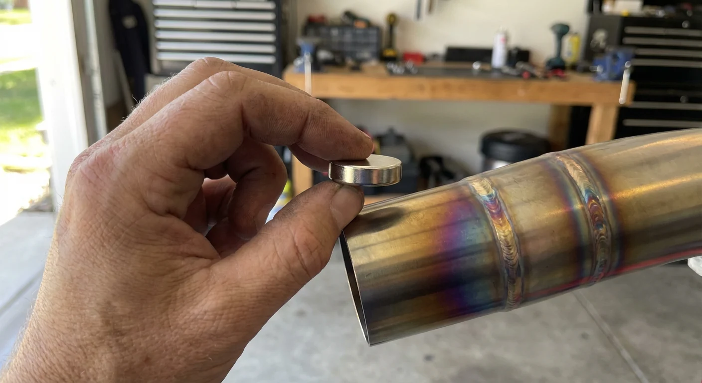Burnt Titanium 101: Everything You Need to Know (Benefits, Types & Myths) 5 Magnet test on titanium exhaust demonstrating non-magnetic properties