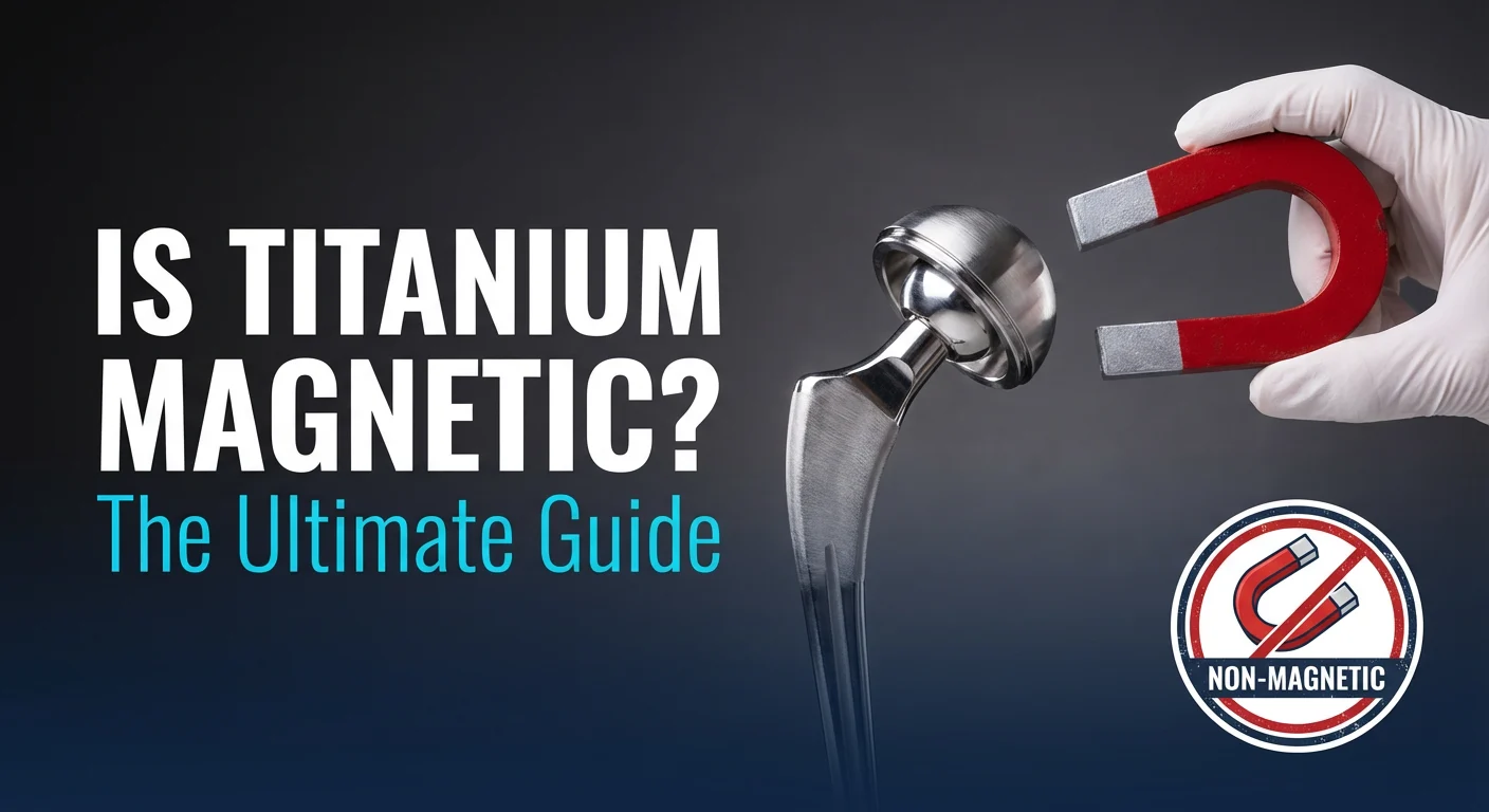 صورة غلاف المقال تظهر النص "هل التيتانيوم مغناطيسي؟" مع مغناطيس مثبت بجانب غرسة طبية من التيتانيوم لا تظهر أي جاذبية.