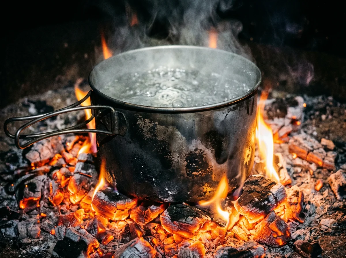 Titanium Cookware: The Honest Truth (Outdoor vs. Home & Safety Guide) 3 Pure titanium pot placed directly in campfire coals boiling water