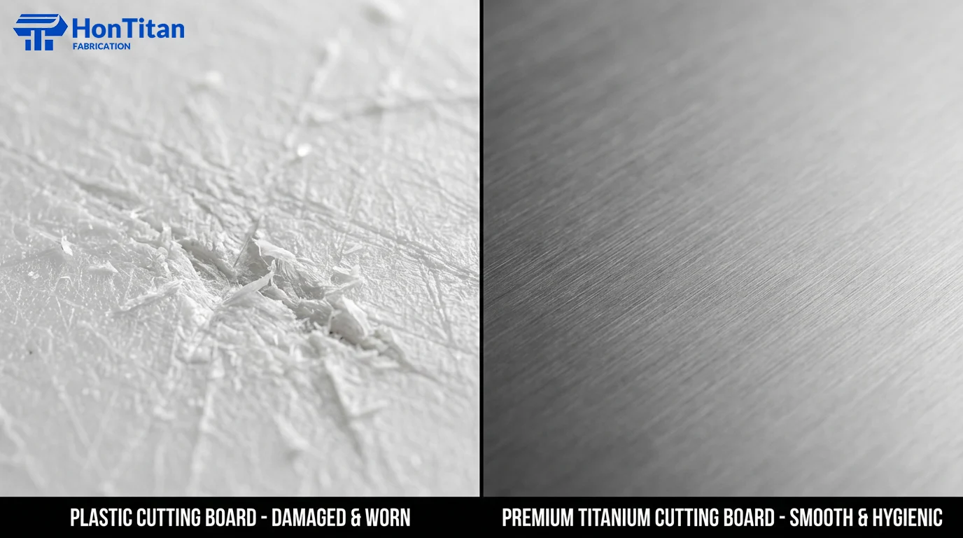 Titanium Cutting Board Review: The Honest Truth & Pros Cons 3 Macro close-up of plastic cutting board scratches vs smooth Grade 1 titanium surface showing zero microplastics.