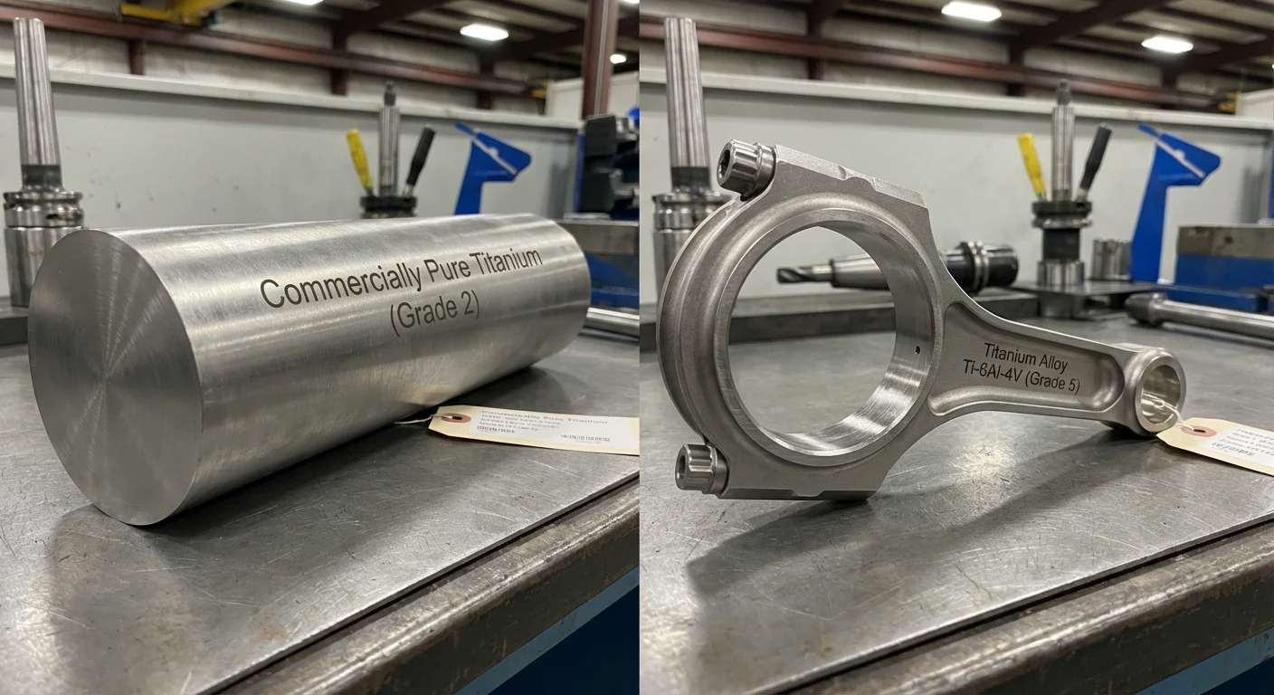Le titane est-il magnétique ? Le guide ultime de ses propriétés, alliages et applications 3 Comparaison côte à côte d'une barre de titane commercialement pur et d'une pièce industrielle usinée en alliage de titane de grade 5 (Ti-6Al-4V).
