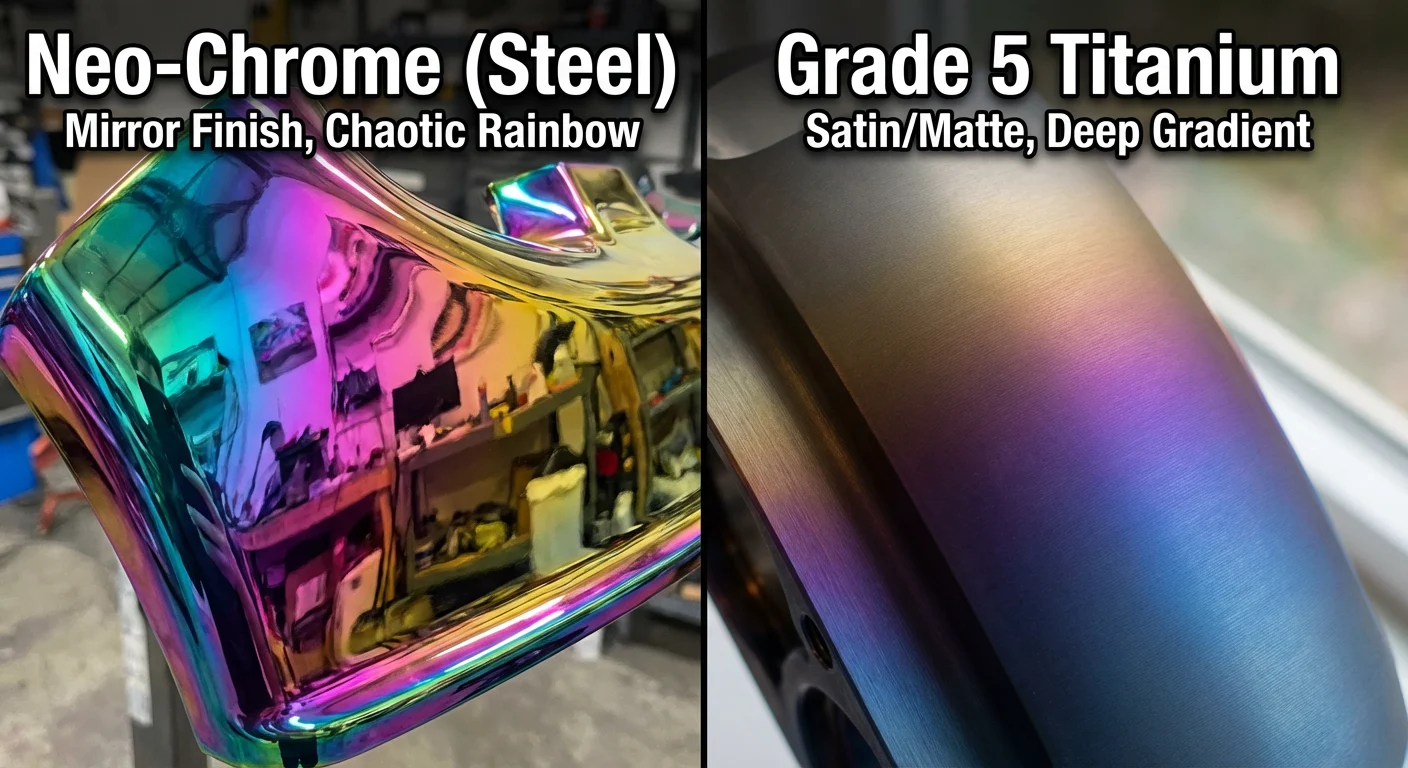 Burnt Titanium 101: Everything You Need to Know (Benefits, Types & Myths) 4 Side by side comparison of real burnt titanium vs fake neo chrome finish