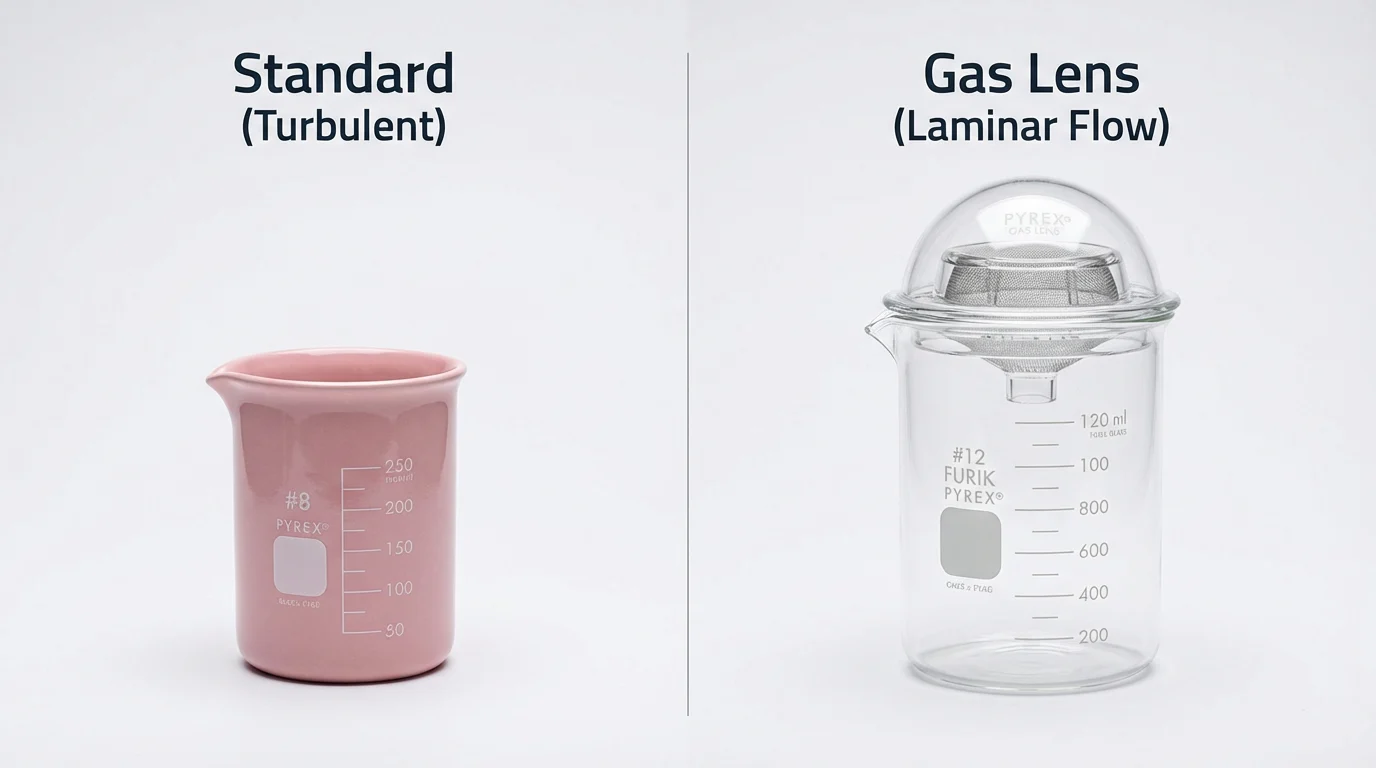 Comparison between standard TIG cup and large diameter gas lens for titanium welding. Comparison between standard TIG cup and large diameter gas lens for titanium welding.