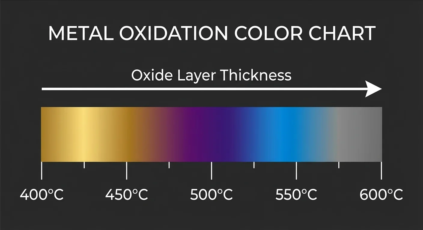 Burnt Titanium 101: Everything You Need to Know (Benefits, Types & Myths) 2 Titanium anodization color spectrum chart showing temperature and oxide layer thickness