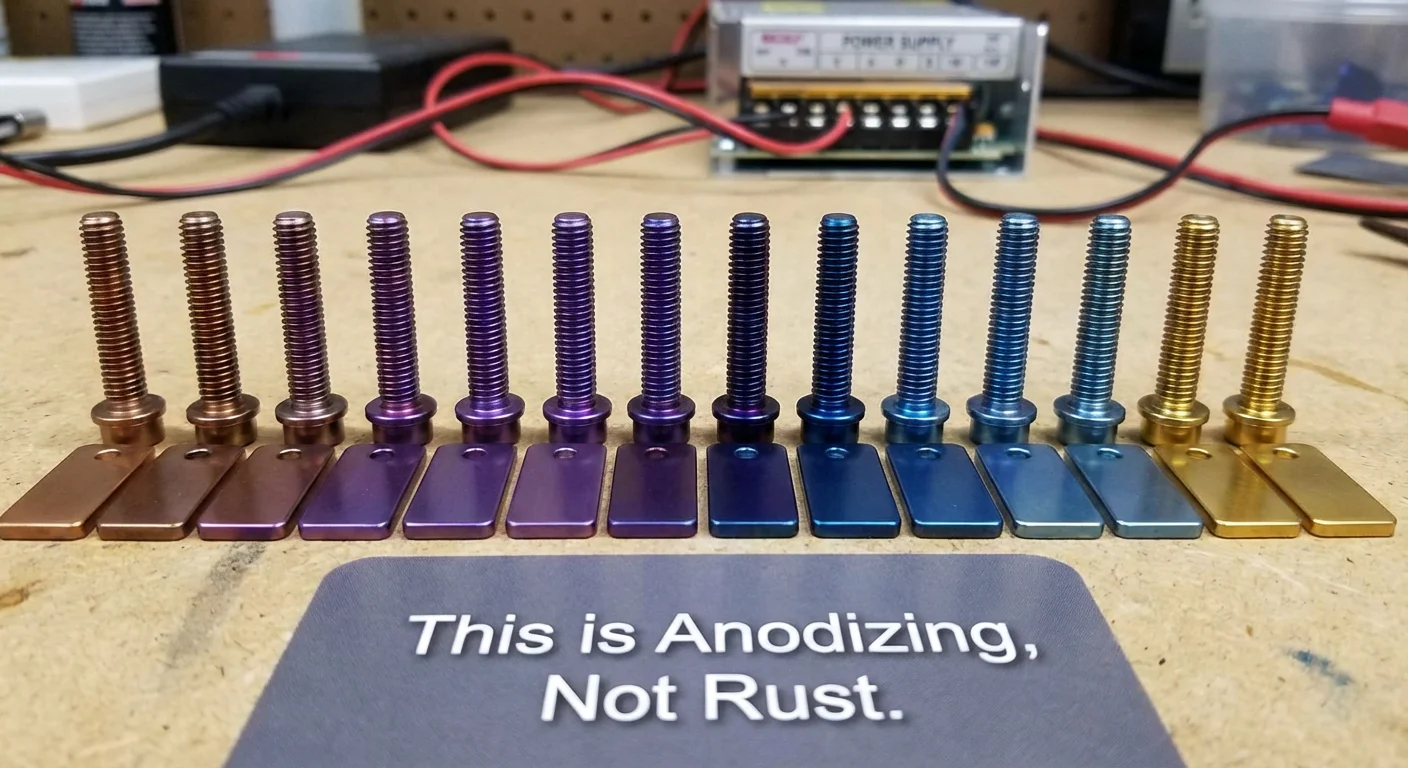 What is Titanium Damascus? The Ultimate Guide to Composition, Colors, and Uses 3 Titanium bolts showing various anodized colors like blue and purple, not rust