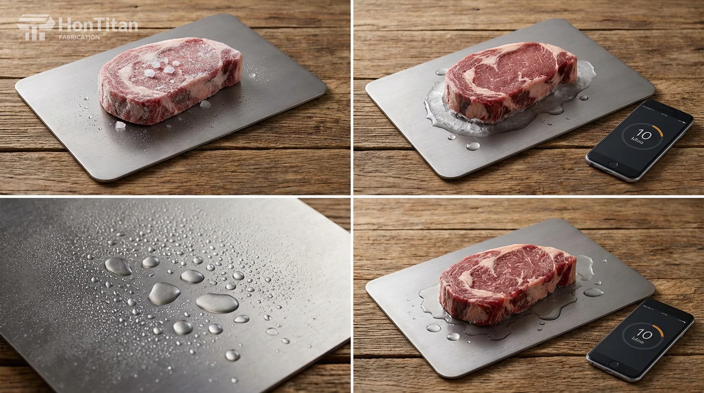 Titanium Cutting Board Review: The Honest Truth & Pros Cons 5 Frozen steak thawing rapidly on a titanium cutting board acting as a defrosting tray.