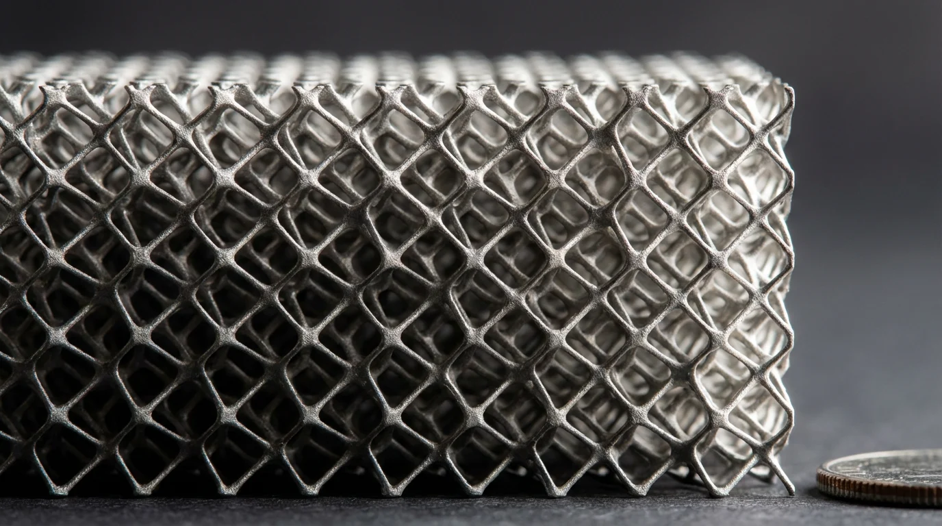 3D-печатный титан: Промышленное руководство по процессу, затратам и применению 3 Макроснимок крупным планом 3D-печатной титановой решетчатой структуры для облегчения аэрокосмической техники.