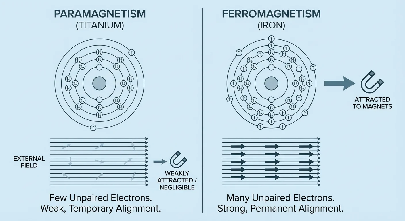 Le titane est-il magnétique ? Le guide ultime de ses propriétés, alliages et applications 2 Infographie expliquant pourquoi le titane est paramagnétique, montrant son atome avec la plupart des électrons appariés, comparé à l'atome ferromagnétique du fer avec de nombreux électrons non appariés.