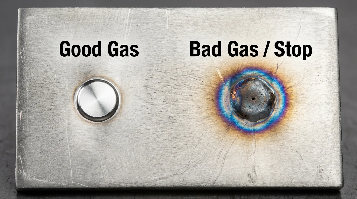 Titanium TIG spot test showing good silver weld vs bad blue oxidized weld. Titanium TIG spot test showing good silver weld vs bad blue oxidized weld.