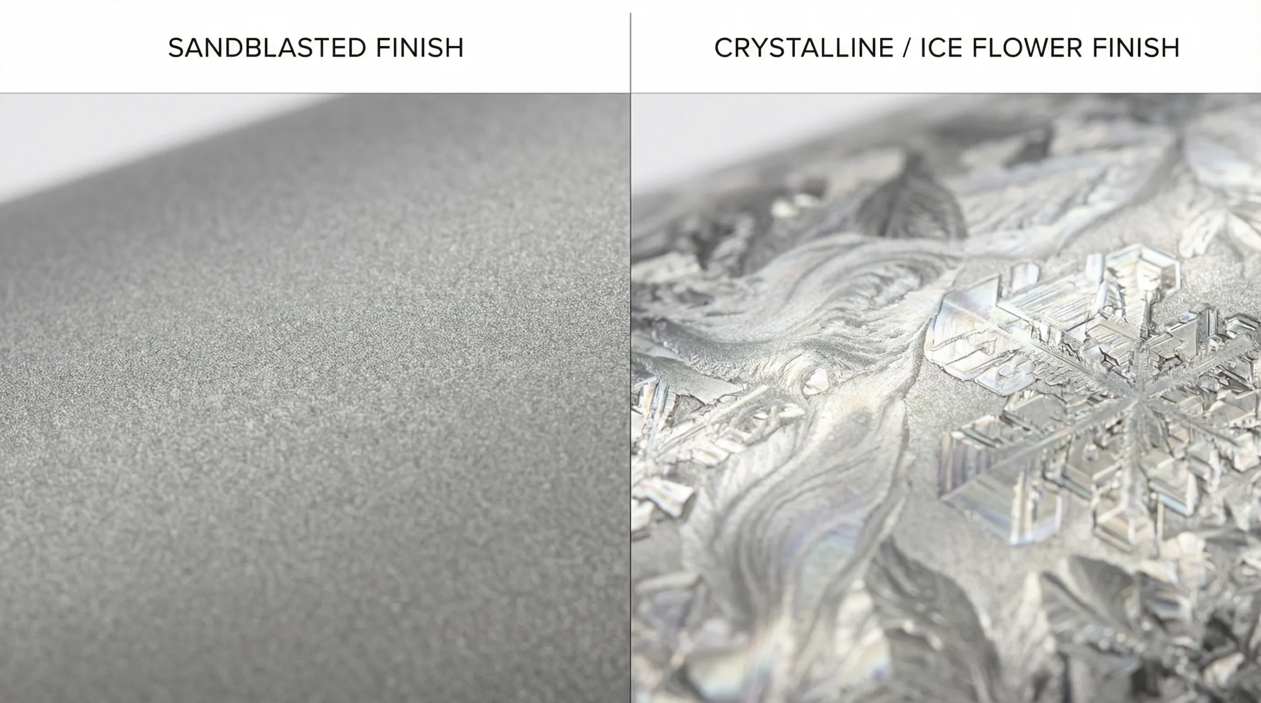Titanium Cookware: The Honest Truth (Outdoor vs. Home & Safety Guide) 4 Close up texture comparison of sandblasted titanium vs crystalline ice flower finish