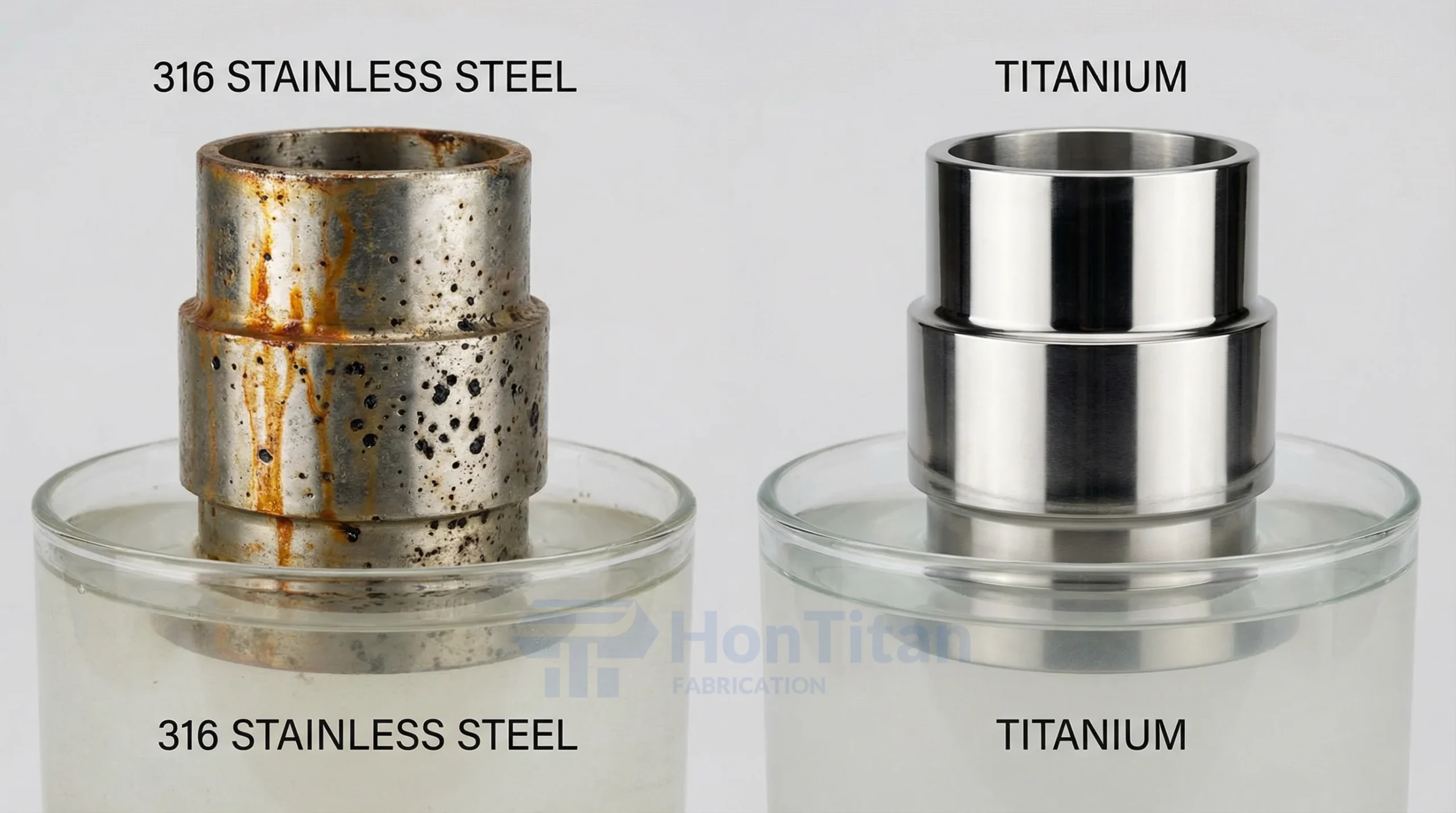 Titanium vs Stainless Steel: Marine Application Guide 3 Side by side comparison photo of corroded 316 stainless steel and pristine titanium after seawater exposure.