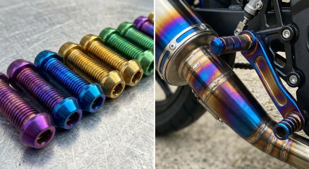 The Engineer’s Guide: What Are the Real Benefits of a Titanium Exhaust System? 4 Anodized titanium bolts showing rainbow colors purple blue gold
