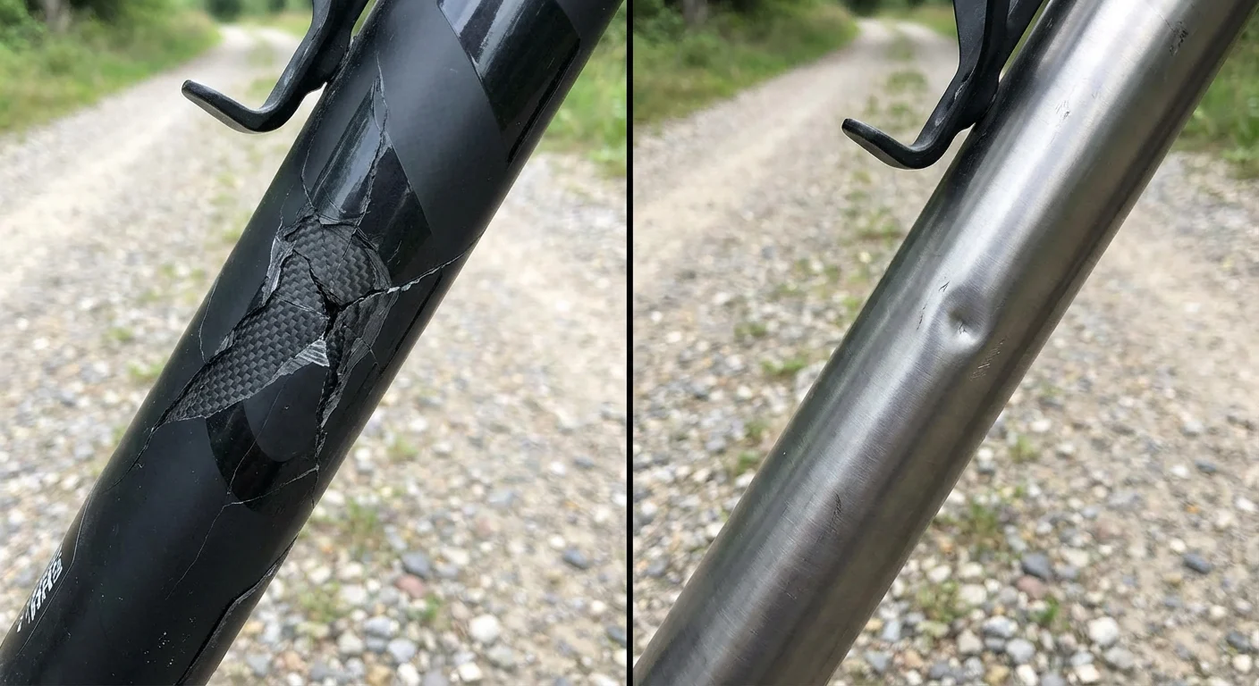 Titanium vs. Carbon vs. Steel vs. Aluminum: Why Titanium is Your “Forever Bike” 3 Side-by-side comparison showing catastrophic structural failure in a carbon fiber bike frame versus minor cosmetic scratches on a titanium frame after rock impact.