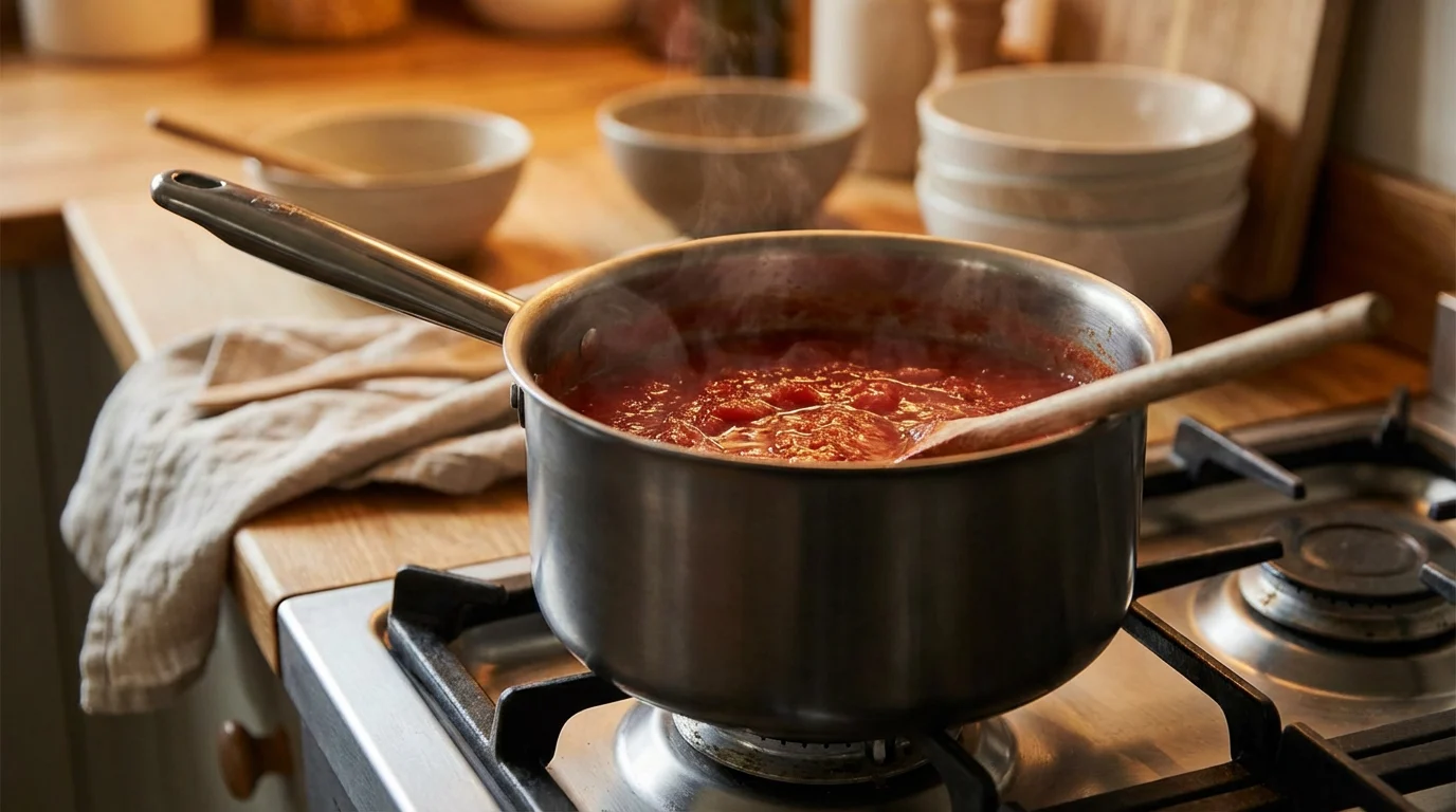 The Truth About Titanium Cookware Health Risks: Is It Safe or Just Marketing? 3 Tomato sauce simmering in a pure titanium pot, demonstrating the metal's high resistance to acid corrosion and zero leaching properties.