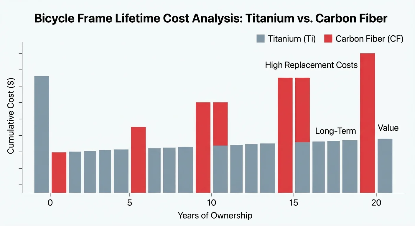 Titanium vs. Carbon vs. Steel vs. Aluminum: Why Titanium is Your “Forever Bike” 5 A 20-year cost of ownership graph comparing the high recurring cost of replacing carbon frames versus the single initial investment of a titanium bike.