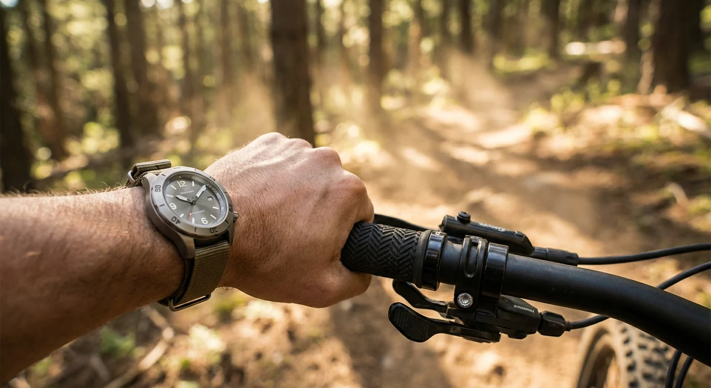 Does Titanium Tarnish or Rust? A Real-World Test and Ultimate Guide 6 A person's arm wearing a titanium watch while hiking in the mountains.