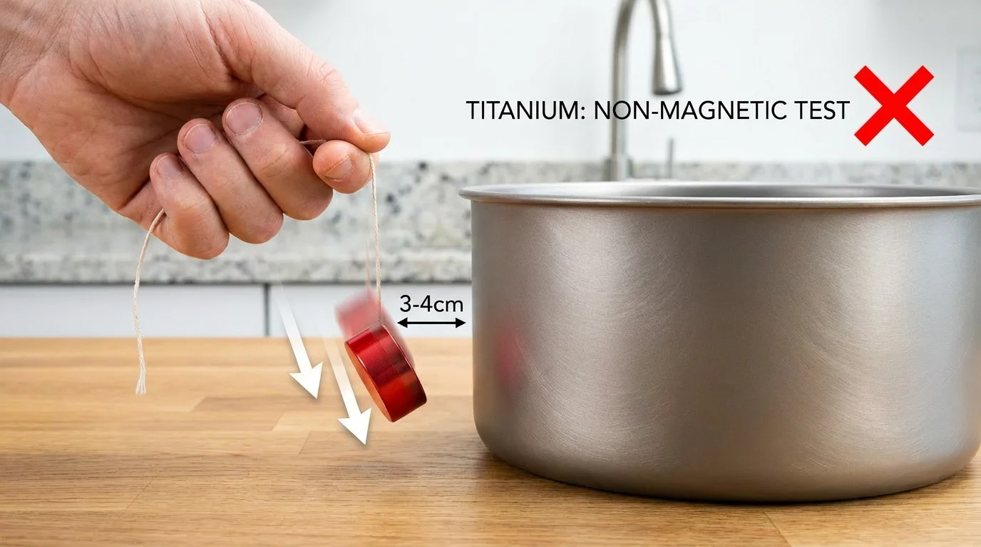 The Truth About Titanium Cookware Health Risks: Is It Safe or Just Marketing? 4 A hand holding a magnet against the side of a frying pan to test for authenticity; the magnet does not stick, indicating real non-magnetic titanium.