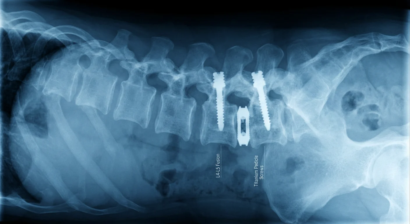 What Is Titanium Used For in the Medical Field? (Benefits, Uses & Safety Guide) 3 X-ray of lumbar spinal fusion surgery showing titanium screws and cage supporting vertebrae
