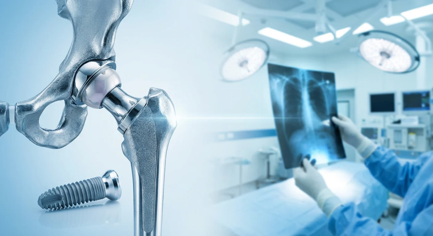 What Is Titanium Used For in the Medical Field? (Benefits, Uses & Safety Guide) 1 Medical grade titanium implants including hip replacement and dental screw on sterile blue background