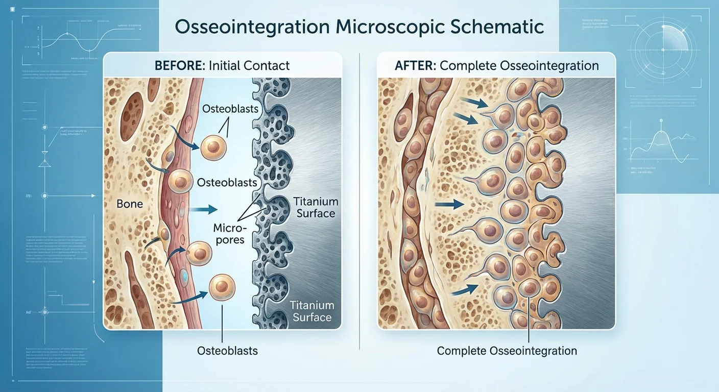 What Is Titanium Used For in the Medical Field? (Benefits, Uses & Safety Guide) 2 Diagram of osseointegration showing bone tissue fusing with porous titanium implant surface