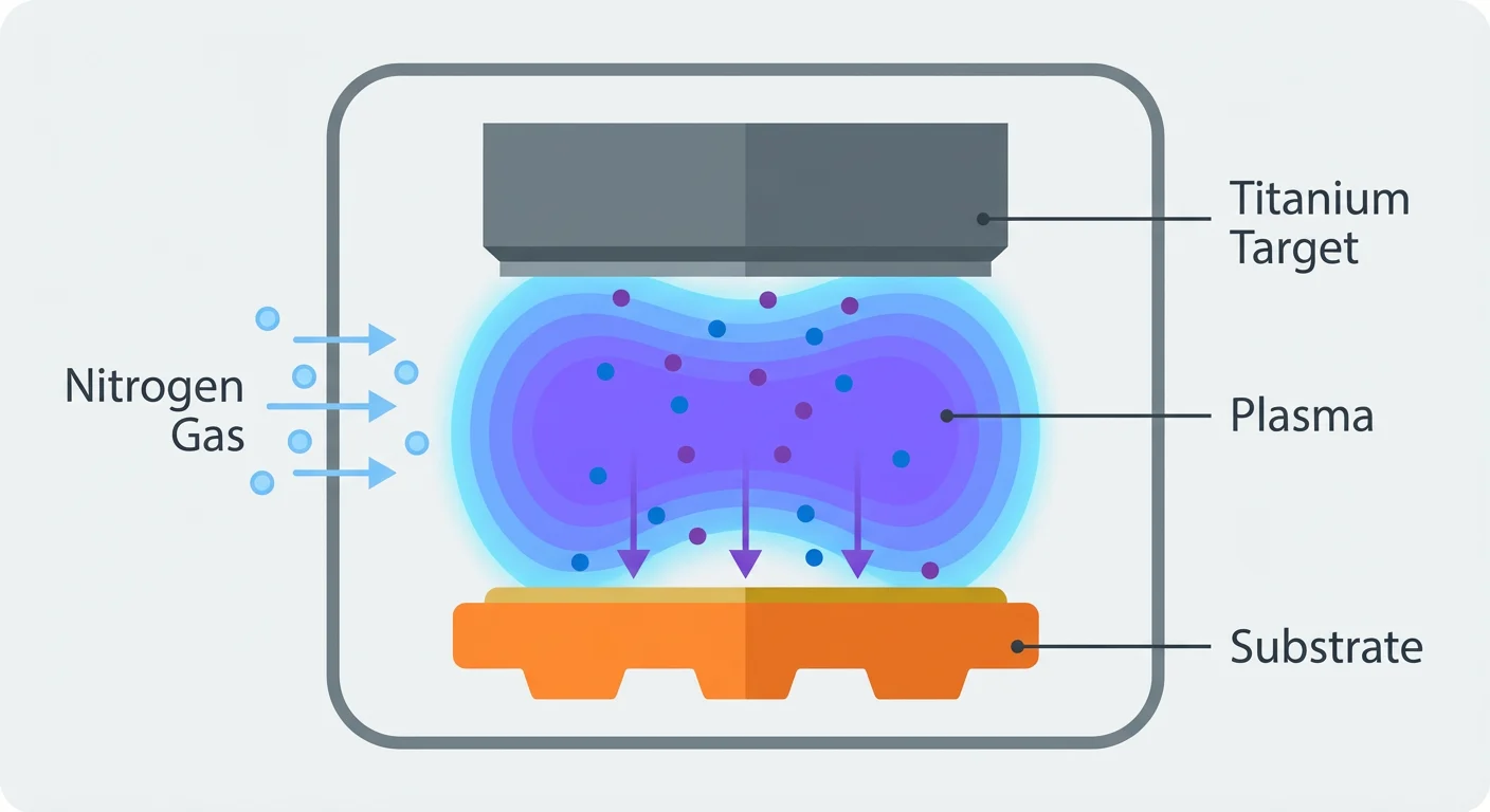 Titanium Nitride (TiN) Coating 101: The Ultimate Guide to the “Gold” Standard 3 Illustration of the Physical Vapor Deposition (PVD) process showing titanium and nitrogen bonding.