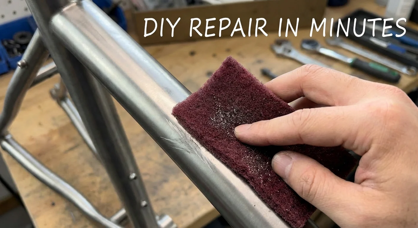 Titanium vs. Carbon vs. Steel vs. Aluminum: Why Titanium is Your “Forever Bike” 7 Hand using a red Scotch-Brite pad to easily buff out scratches from a raw titanium bicycle frame, demonstrating easy maintenance.