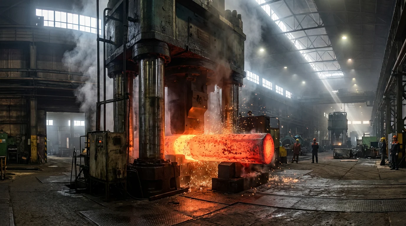 Top 10 Titanium Manufacturers & Suppliers in the World: 2026 Global Supply Chain Report 2 Massive hydraulic press at VSMPO-AVISMA factory forging a red-hot large titanium ingot with sparks flying