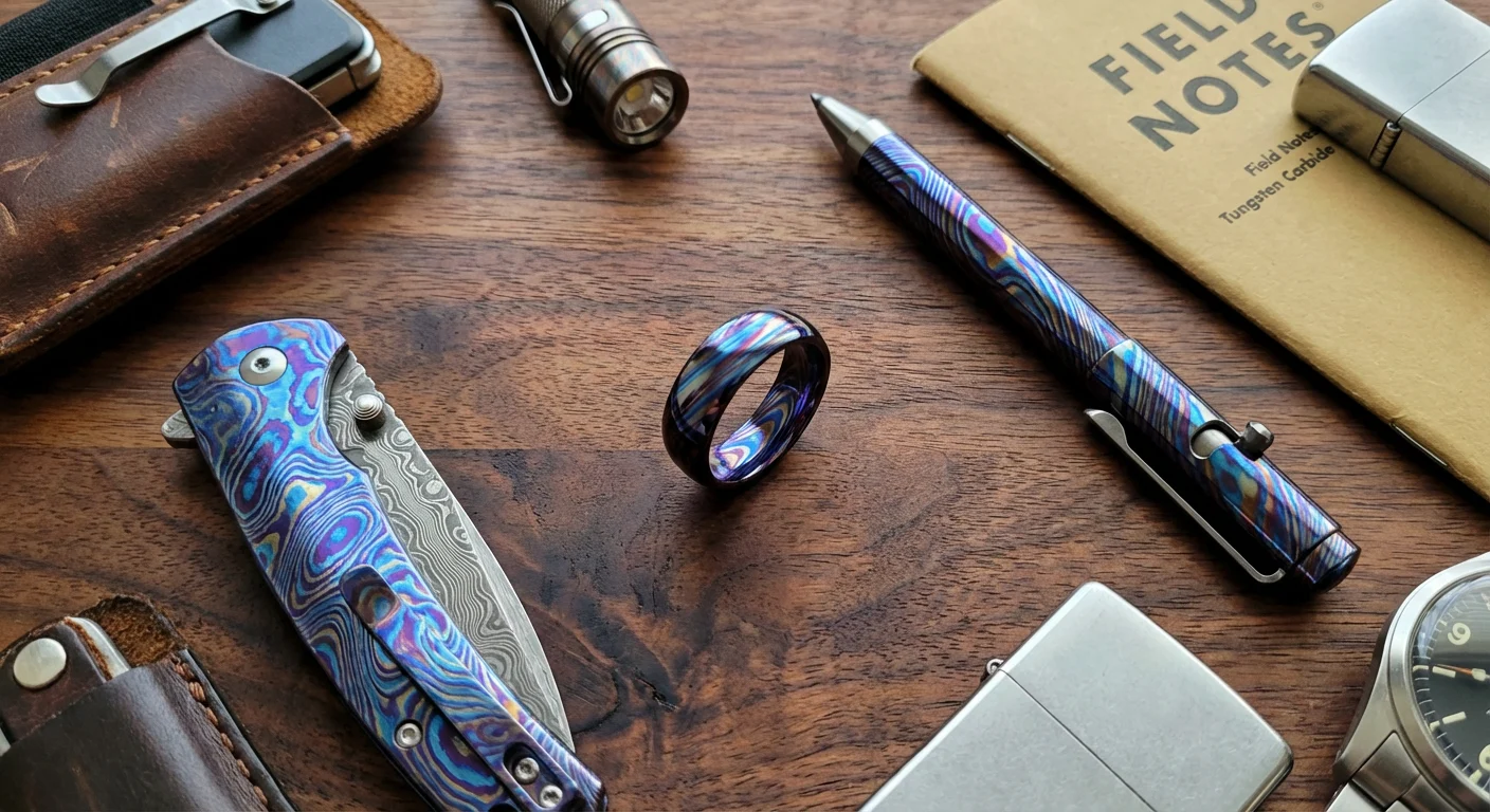What is Titanium Damascus? The Ultimate Guide to Composition, Colors, and Uses 5 Collection of EDC gear featuring Timascus knife scales and a wedding ring.