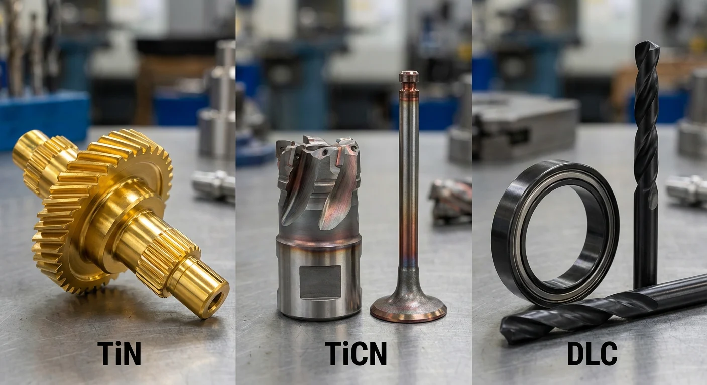 Titanium Nitride (TiN) Coating 101: The Ultimate Guide to the “Gold” Standard 4 Side by side comparison of Gold TiN, Grey TiCN, and Black DLC coatings.