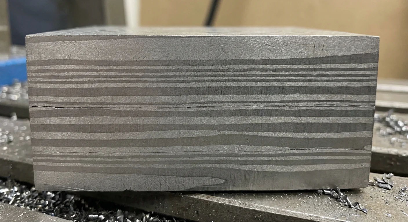 What is Titanium Damascus? The Ultimate Guide to Composition, Colors, and Uses 2 Cross-section showing layers of Grade 2 and Grade 5 titanium diffusion bonded together.