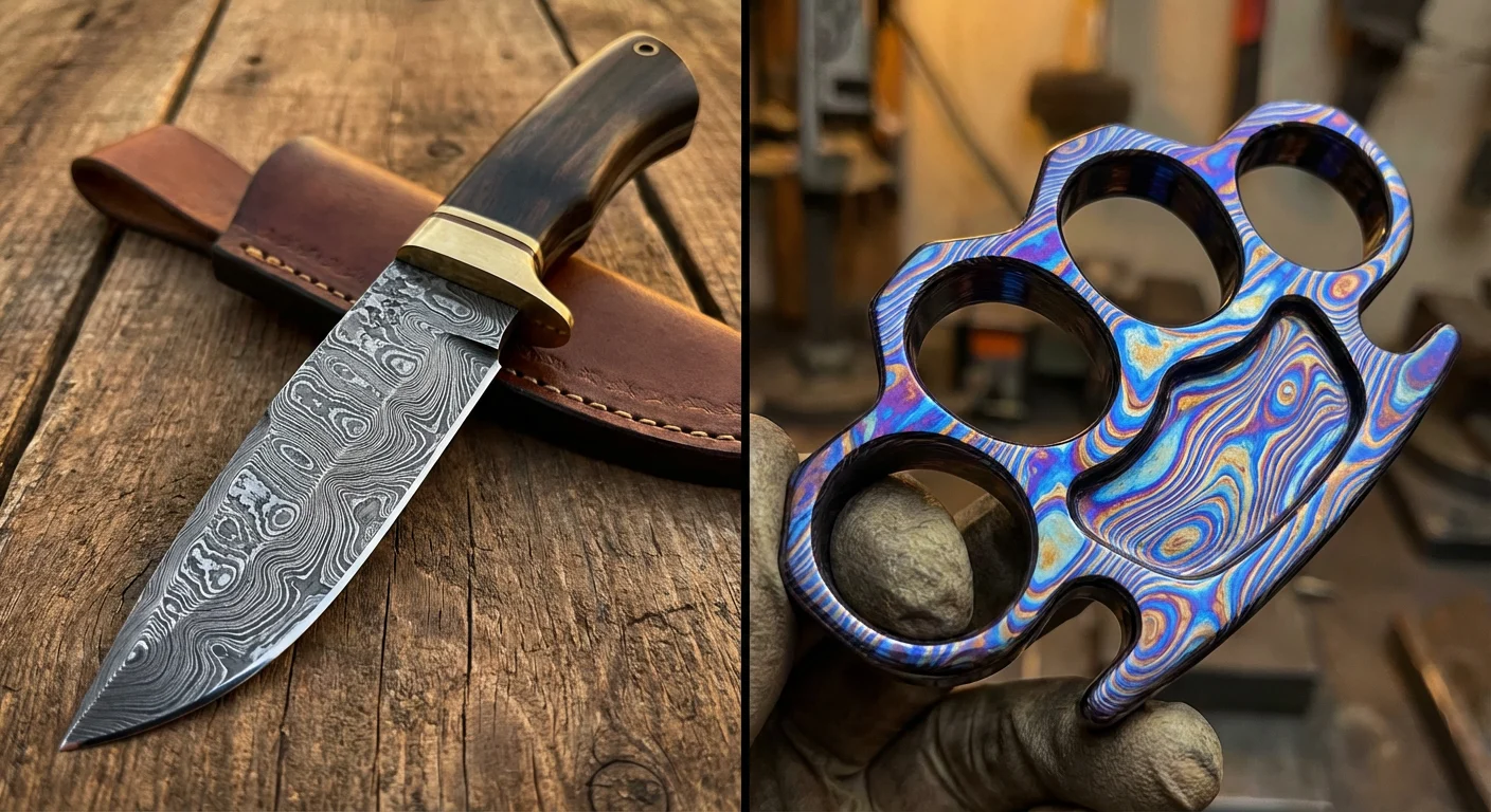 What is Titanium Damascus? The Ultimate Guide to Composition, Colors, and Uses 4 Visual comparison between grey Damascus steel blade and colorful Timascus handle.