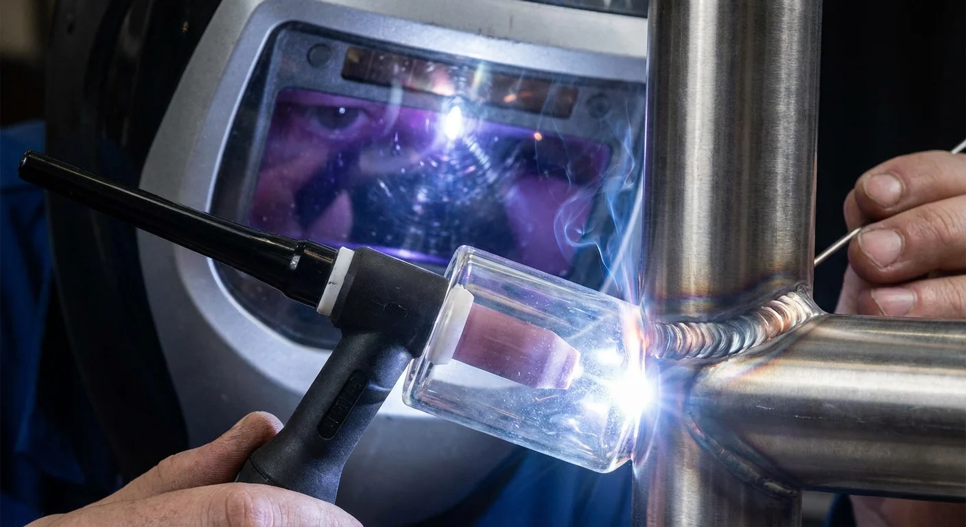Titanium vs. Carbon vs. Steel vs. Aluminum: Why Titanium is Your “Forever Bike” 6 Close-up of a craftsman welding a titanium bike frame inside an argon chamber, displaying precise fish-scale weld beads.
