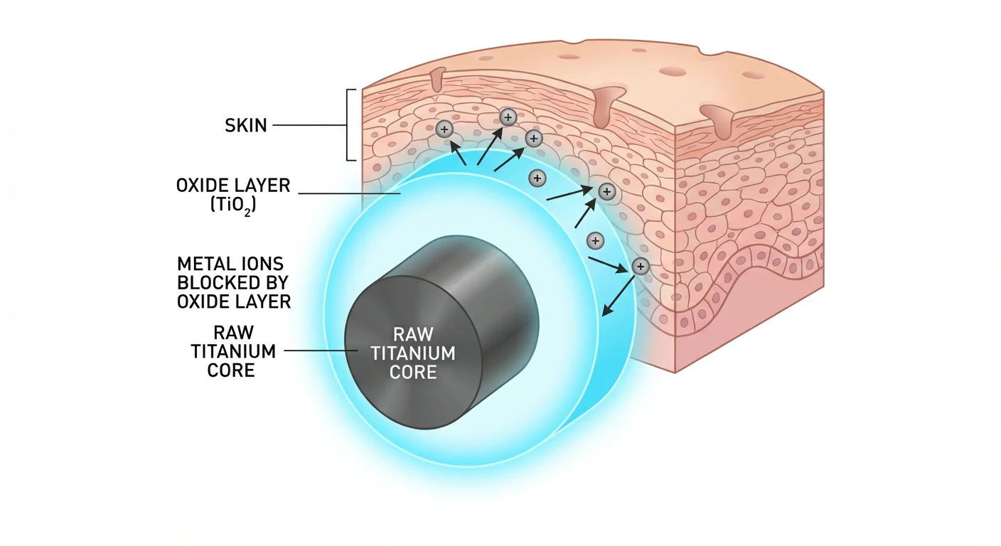 Is Titanium Hypoallergenic? The Truth About Metal Allergies & Implant Grade Jewelry 2 Diagram showing titanium oxide layer protecting skin from metal ions