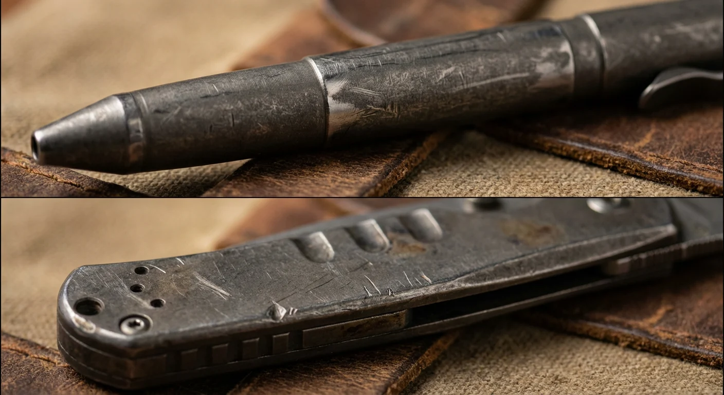 How Strong is Titanium? A Direct Analysis of Strength, Weight, and Hardness 3 Titanium EDC gear showing natural patina and surface scratches after outdoor use.