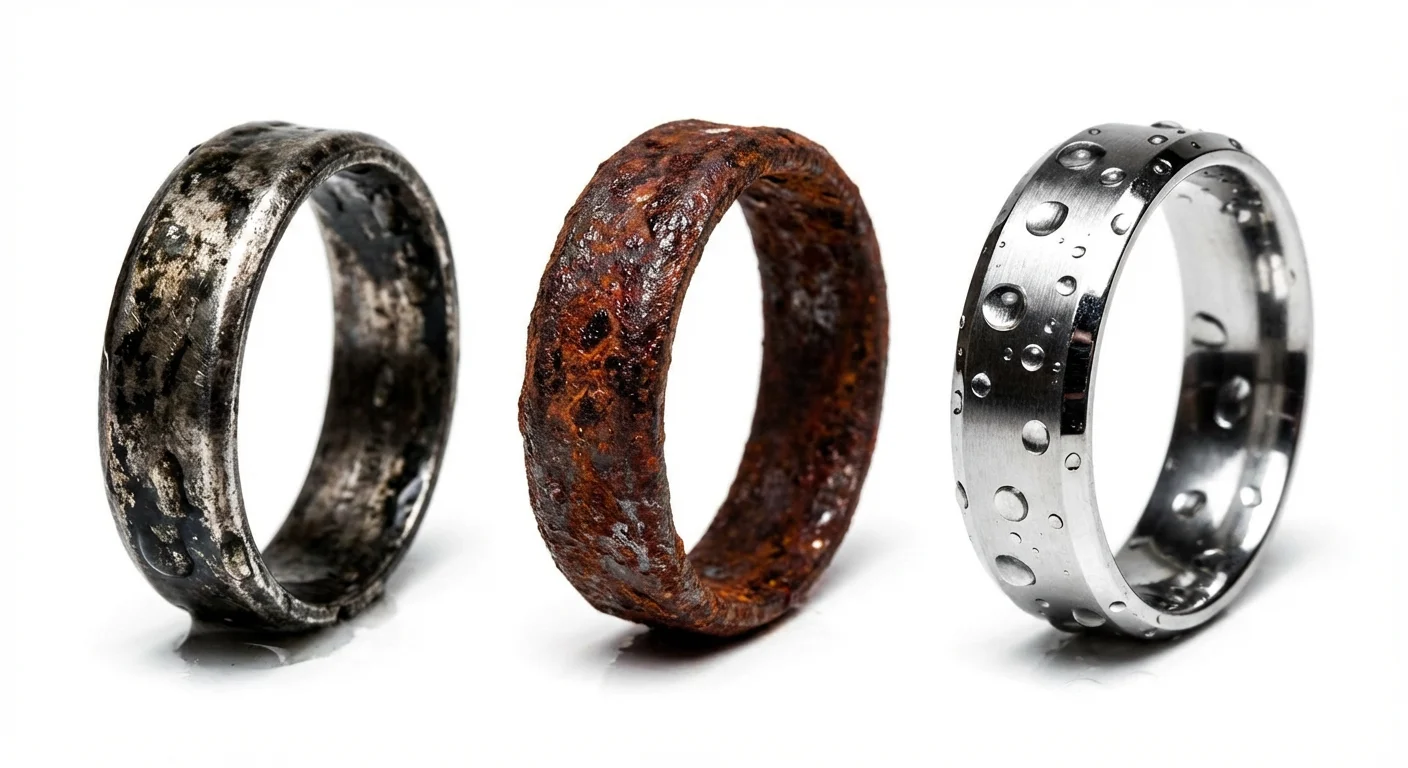 Does Titanium Tarnish or Rust? A Real-World Test and Ultimate Guide 2 The result of a saltwater tarnish test showing a pristine titanium ring next to a tarnished silver ring and a rusty alloy ring.