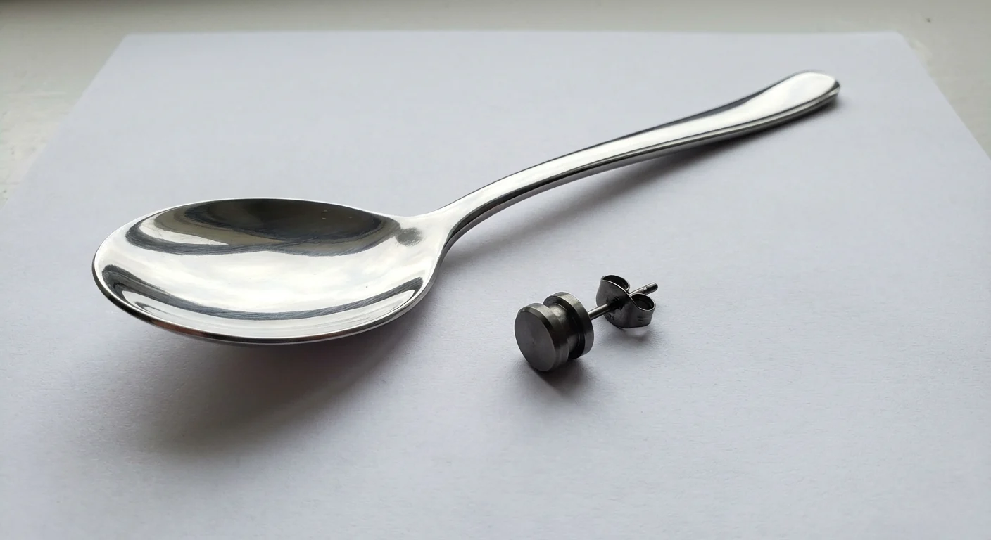 Is Titanium Hypoallergenic? The Truth About Metal Allergies & Implant Grade Jewelry 6 Color comparison stainless steel spoon vs titanium jewelry grey tone