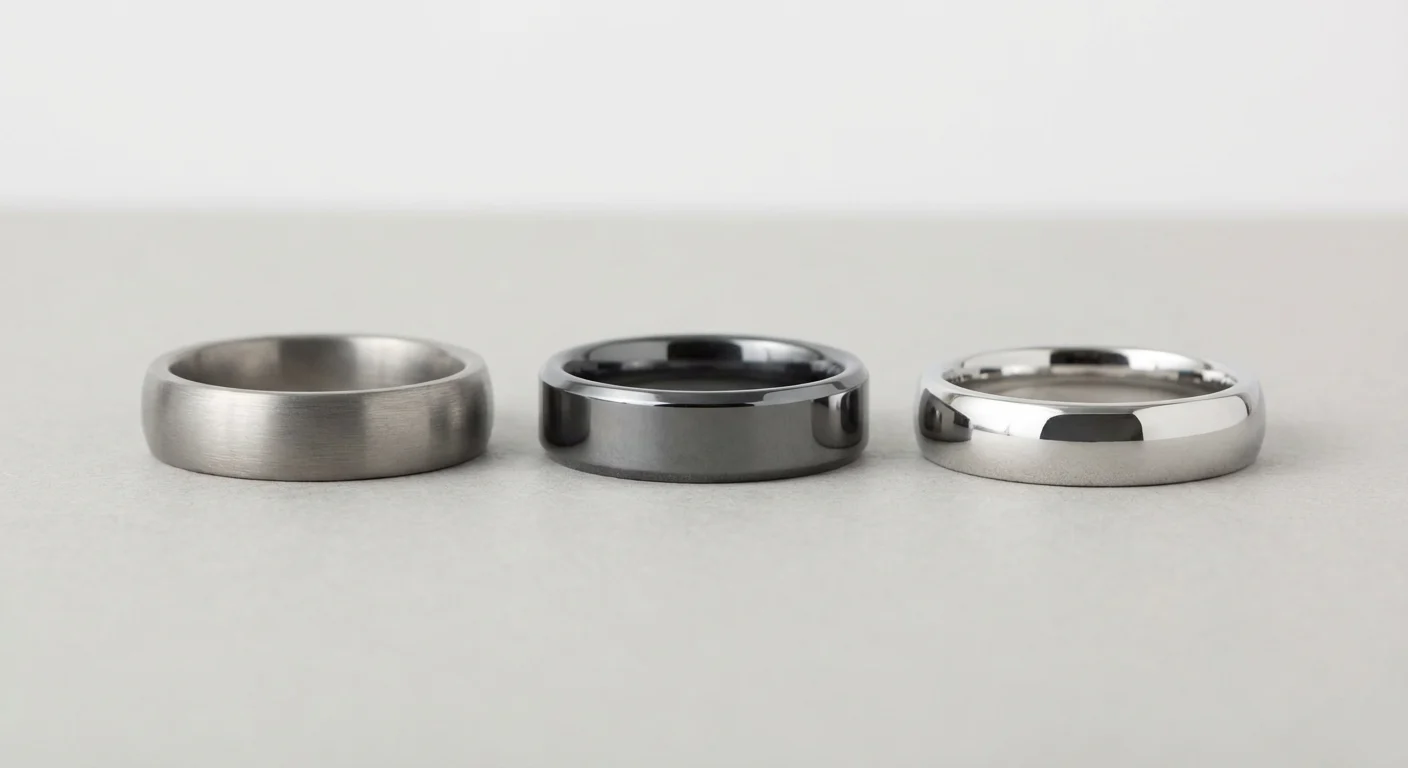 Does Titanium Tarnish or Rust? A Real-World Test and Ultimate Guide 4 A side-by-side comparison of the appearance of a titanium ring, a tungsten carbide ring, and a sterling silver ring.