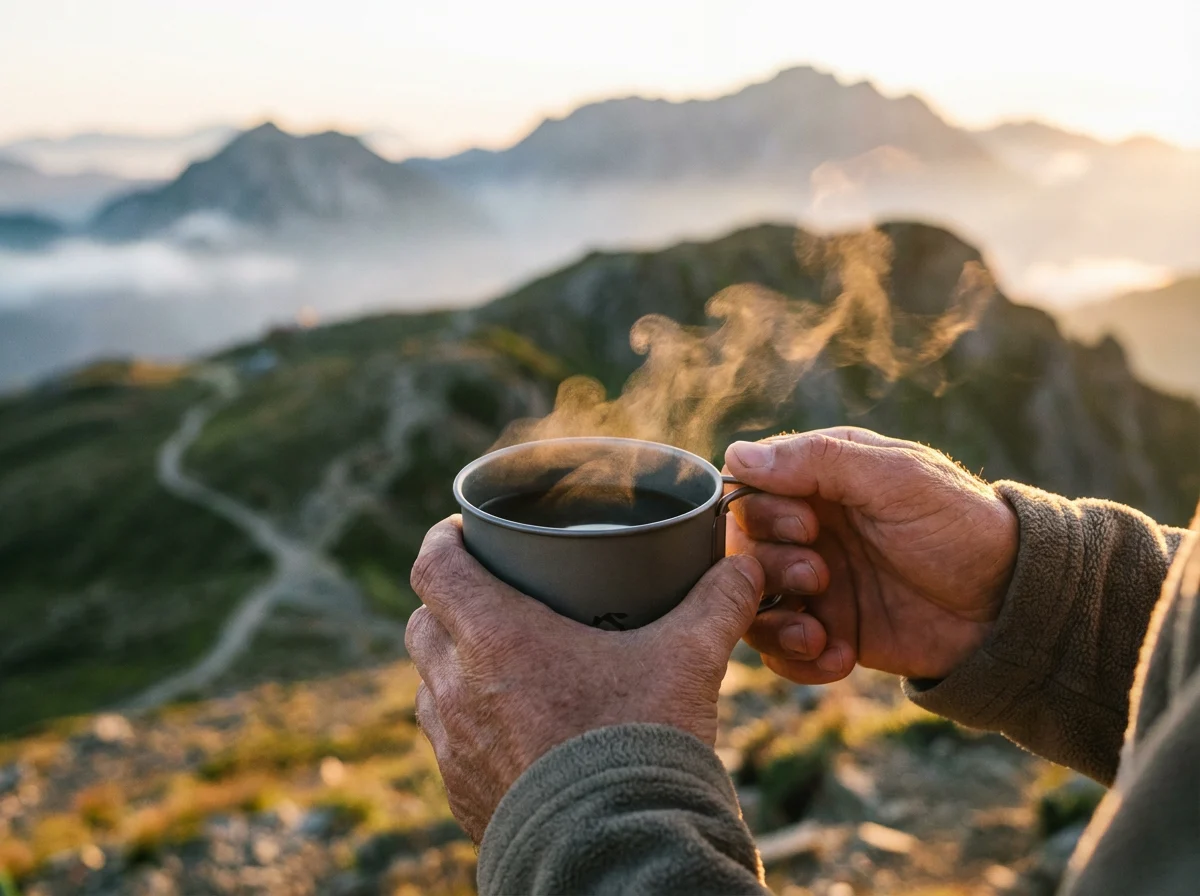 How Strong is Titanium? A Direct Analysis of Strength, Weight, and Hardness 5 Ultralight titanium camping mug used by a hiker on a mountain peak.