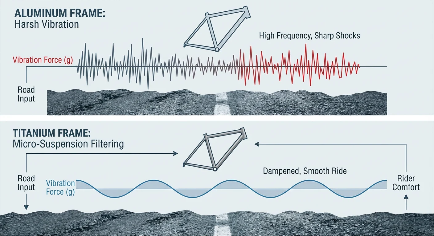Titanium vs. Carbon vs. Steel vs. Aluminum: Why Titanium is Your “Forever Bike” 4 Illustration demonstrating road vibration damping: jagged high-frequency waves for stiff aluminum frames versus smooth, absorbed waves for titanium frames.