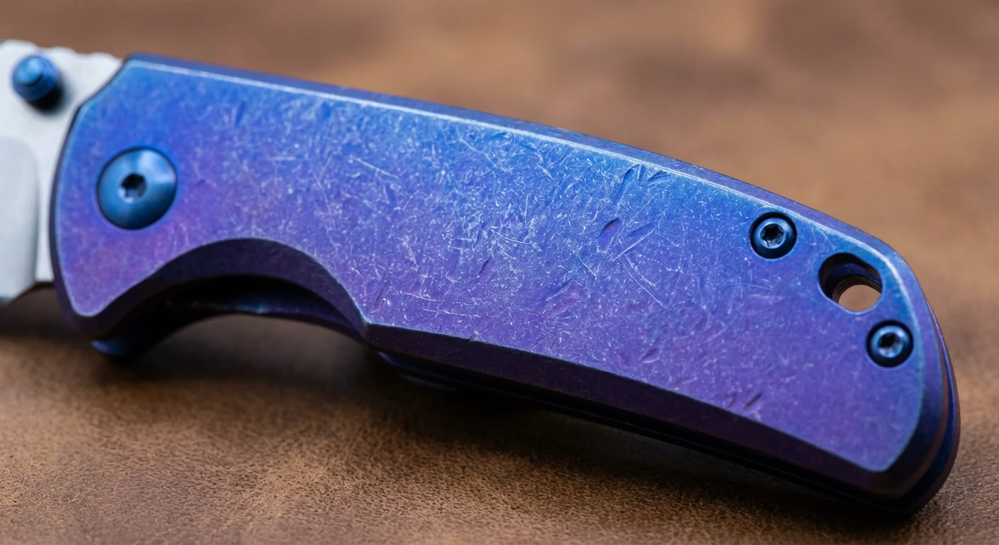 What is Grade 5 Titanium (Ti-6Al-4V)? The Ultimate Guide to Properties, Uses & Cost 3 Macro shot of a high-end EDC knife handle made of Grade 5 Titanium, featuring a durable stonewash texture with custom blue and purple anodized highlights