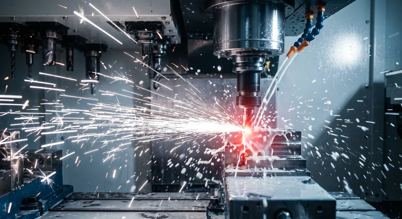 Titanium vs. Aluminum: A Technical Analysis of Weight, Strength, and Performance 6 Close-up action shot of CNC machining titanium with sparks and coolant.
