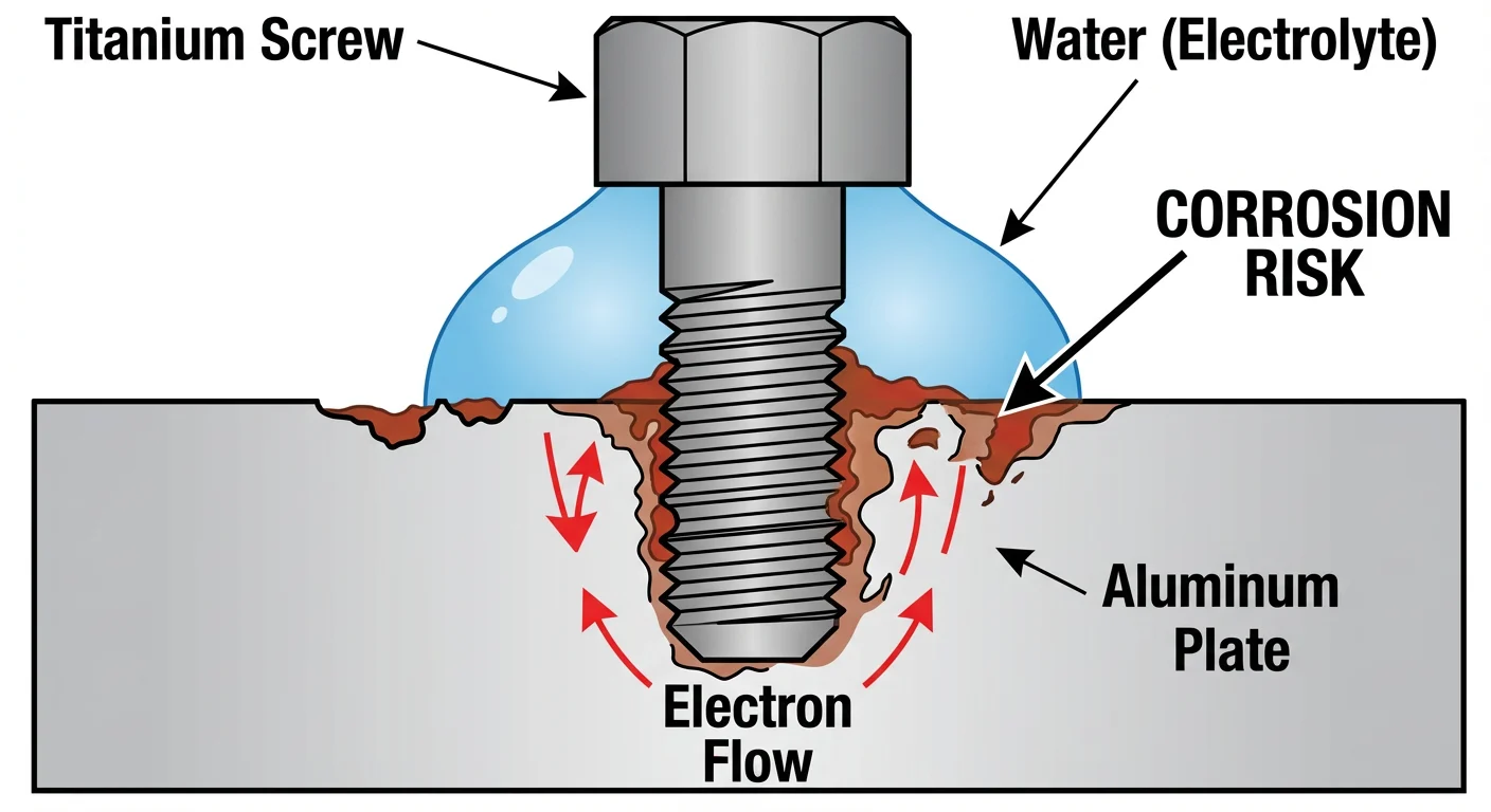 Is Titanium a Conductive Metal? Yes, But Not Like You Think 6 Galvanic corrosion diagram showing titanium bolt corroding aluminum part.