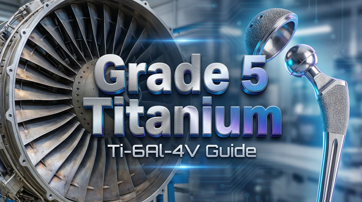 صورة غلاف احترافية تتميز بنص معدني مصقول ثلاثي الأبعاد 'تيتانيوم من الدرجة الخامسة' مع خلفية منقسمة تظهر شفرة توربينات فضائية على اليسار وزرعة طبية على اليمين، تبرزها إضاءة فضية وزرقاء مثيرة