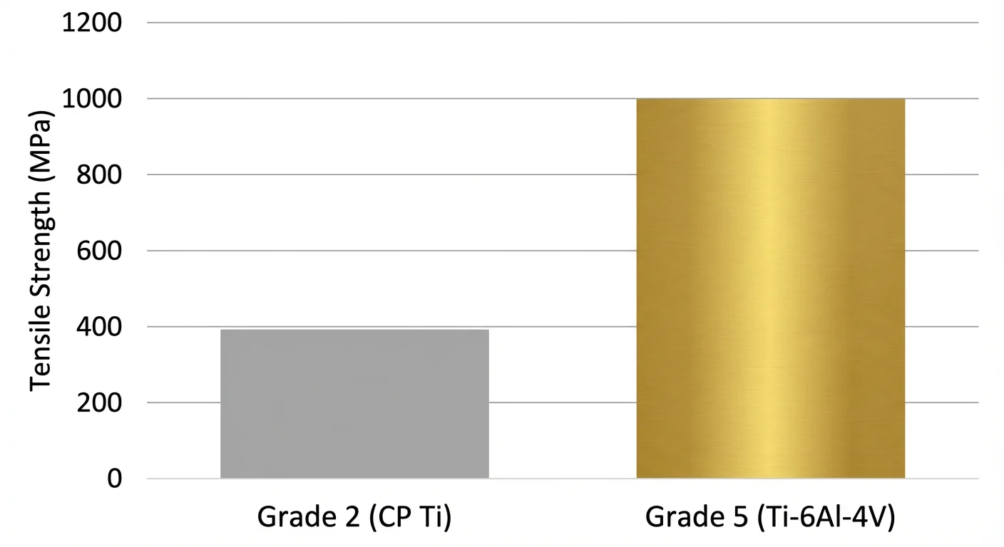 What is Grade 5 Titanium (Ti-6Al-4V)? The Ultimate Guide to Properties, Uses & Cost 1 Bar chart comparison showing Grade 5 Titanium tensile strength (1000 MPa) is more than double that of Grade 2 Commercially Pure Titanium (400 MPa)
