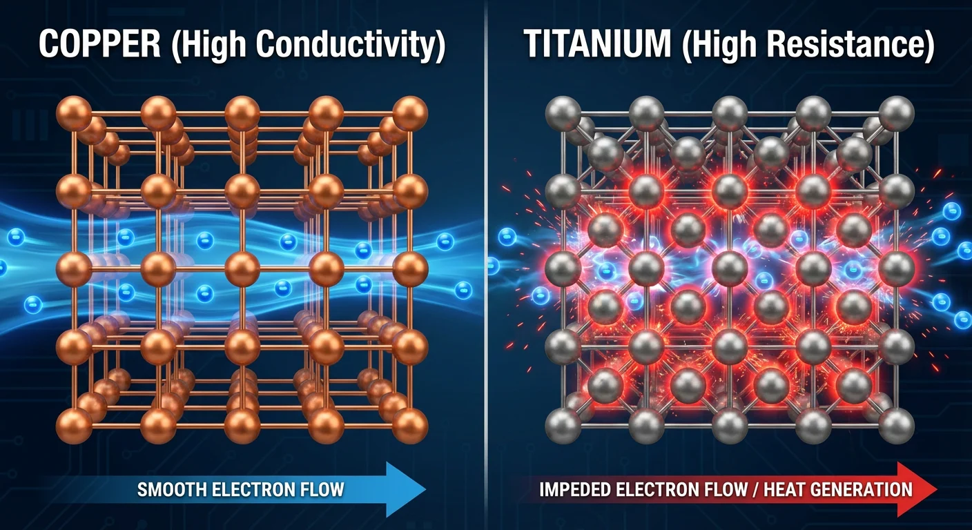 Is Titanium a Conductive Metal? Yes, But Not Like You Think 3 Diagram showing electron flow resistance in titanium atomic structure compared to copper.