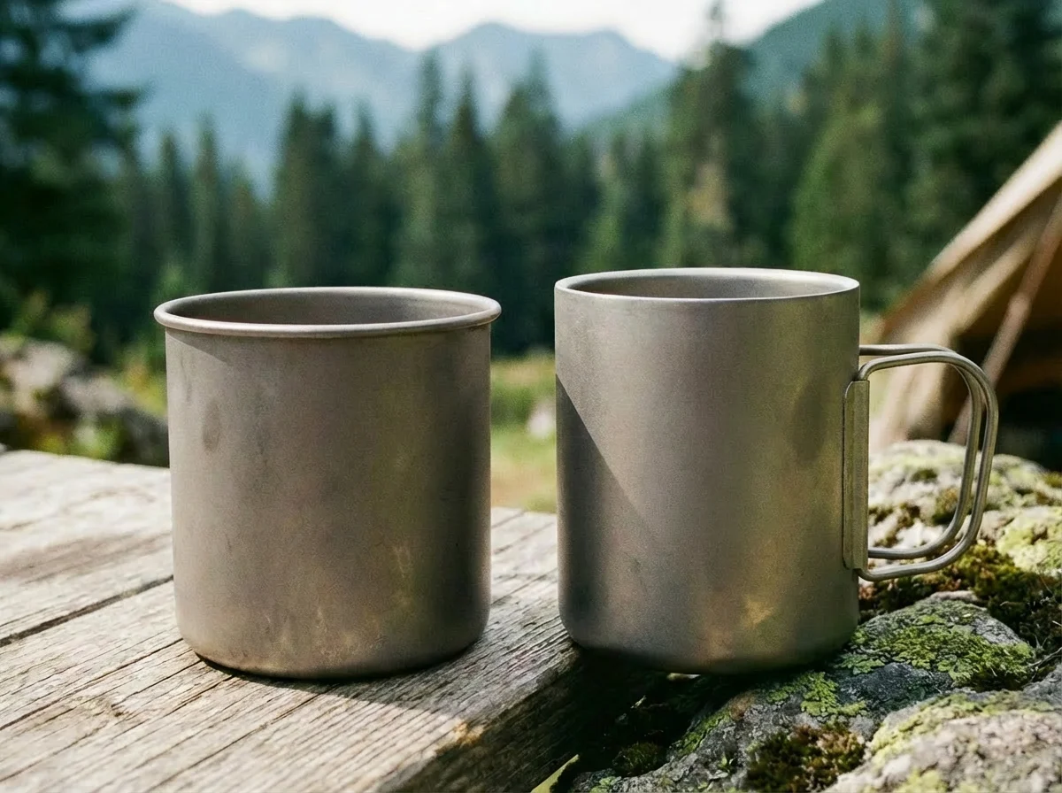 Single-Wall vs. Double-Wall Titanium Cups: Which One Do You Actually Need? 1 Titanium single-wall and double-wall camping cups sitting on a rock in the mountains.