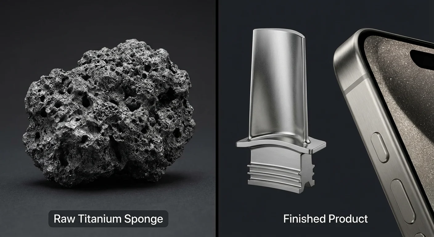 What is Titanium Sponge? Everything You Need to Know 1 Comparison showing raw porous titanium sponge rock versus polished finished titanium aerospace components.